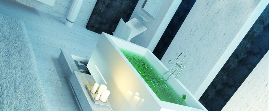 Modernes Badezimmer mit bodentiefer Wanne und Natursteinwänden